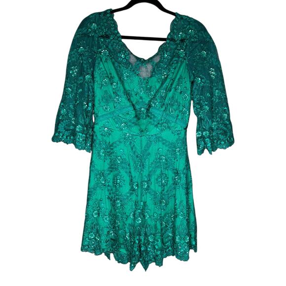 FREE PEOPLE Green Lace Embroidered Beaded Shorts Romper Women's Size 4 FLAWED - Picture 2 of 14
